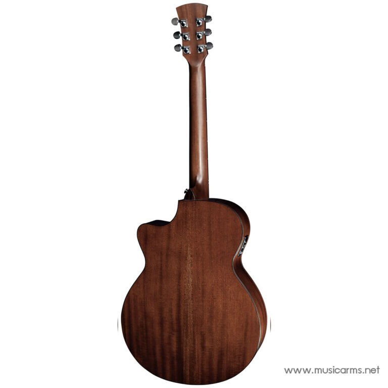 Back view of a brown acoustic guitar with a cutaway body, shown against a white background, highlighting wood grain and neck. ขายราคาพิเศษ