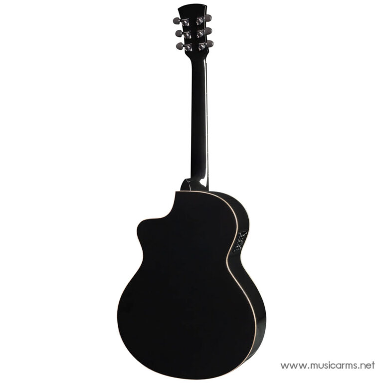 Back view of a glossy black acoustic guitar with a cutaway body on a white background. ขายราคาพิเศษ