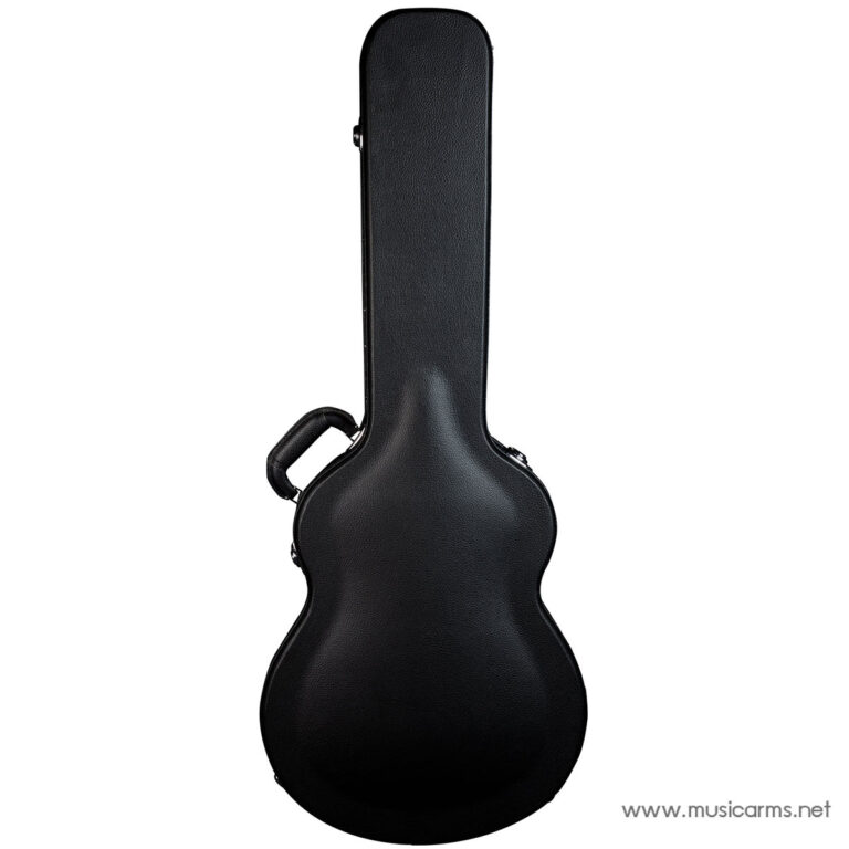 Black hard-shell guitar case standing upright with a side handle visible on the left edge ขายราคาพิเศษ