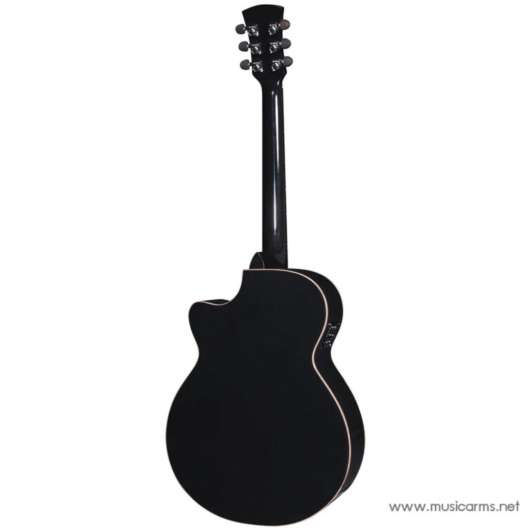 Back view of a glossy black acoustic guitar with cream binding on a white background. ขายราคาพิเศษ