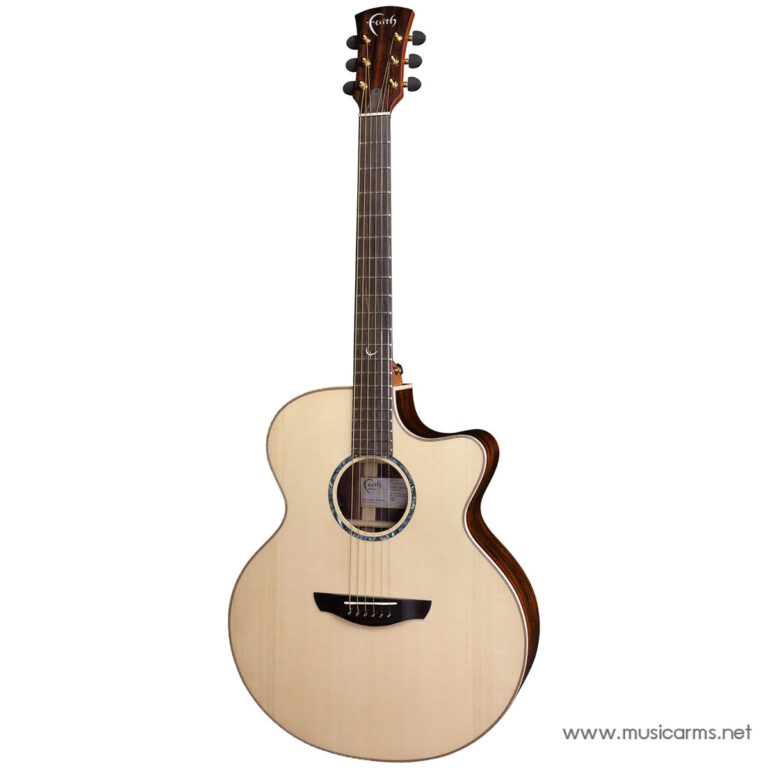Natural-finish acoustic guitar with a single cutaway, six strings, and a decorative rosette around the soundhole. ขายราคาพิเศษ
