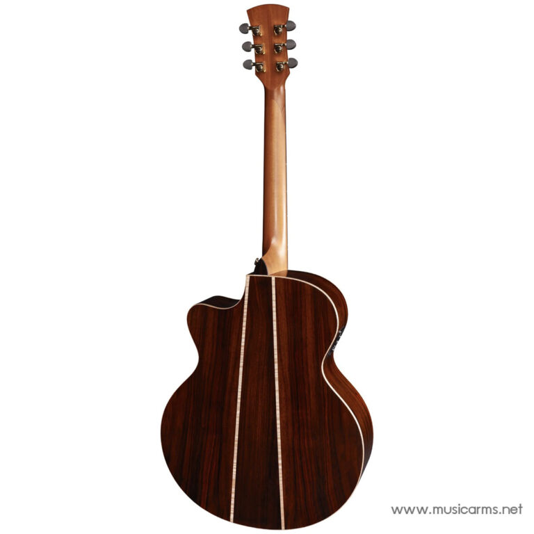 Back view of a dark wood acoustic guitar showcasing its curved body, light neck, and contrast binding, with a white background. ขายราคาพิเศษ