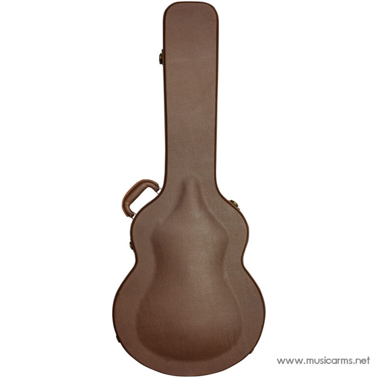 Brown guitar case standing upright, back side visible, with a side handle on the left. ขายราคาพิเศษ