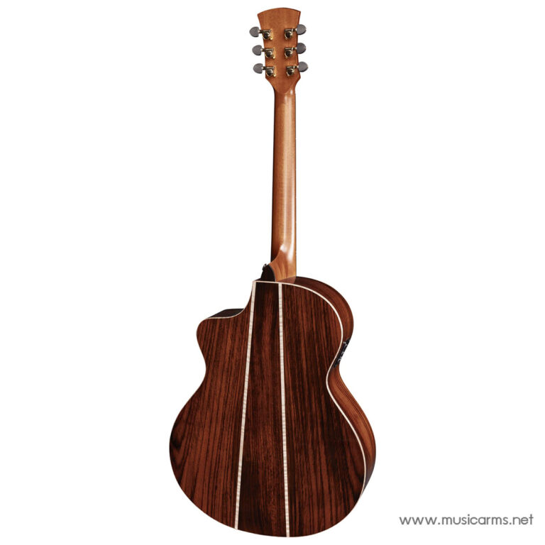 Back view of a brown striped acoustic guitar with light bindings on a white background. ขายราคาพิเศษ