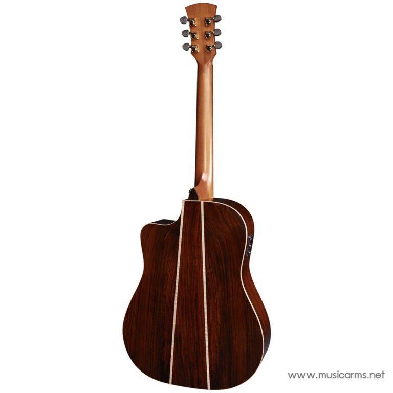 Back view of a glossy dark wood acoustic guitar with light binding and natural neck; watermark www.musicarms.net. ขายราคาพิเศษ