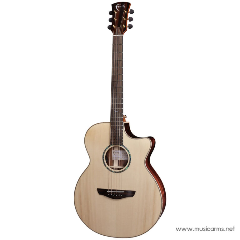 Natural finish acoustic guitar with a single cutaway and six strings, Faith headstock, resting against a white background, watermark www.musicarms.net in the corner ขายราคาพิเศษ