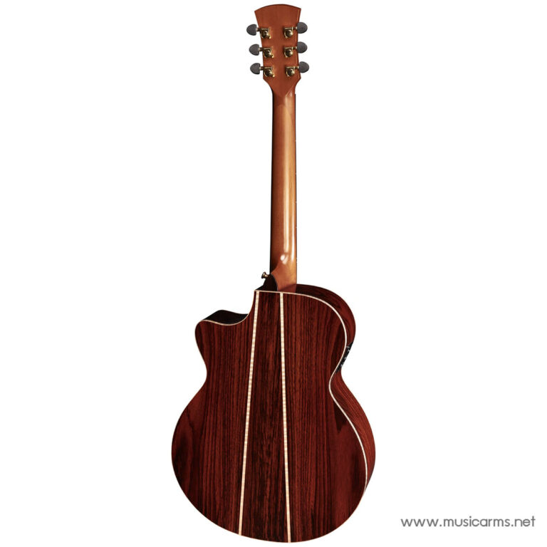 Back view of a dark mahogany acoustic guitar with a lighter neck and cream binding against a white background, showing a cutaway on the body edge. ขายราคาพิเศษ