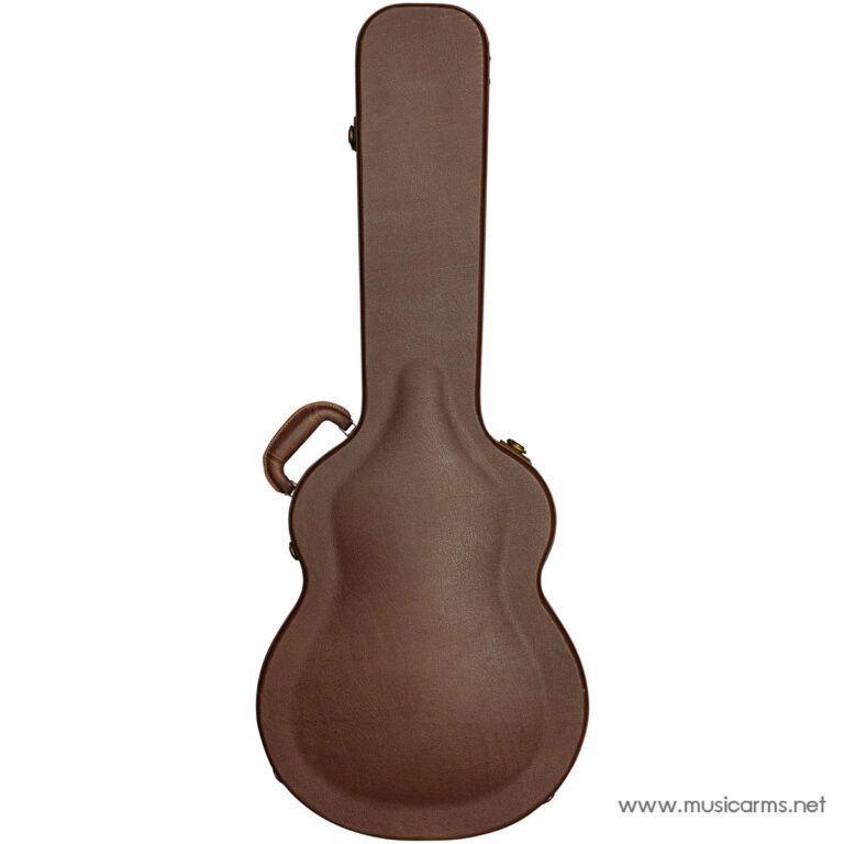 Brown hard-shell guitar case standing upright, viewed from back with a side handle ขายราคาพิเศษ