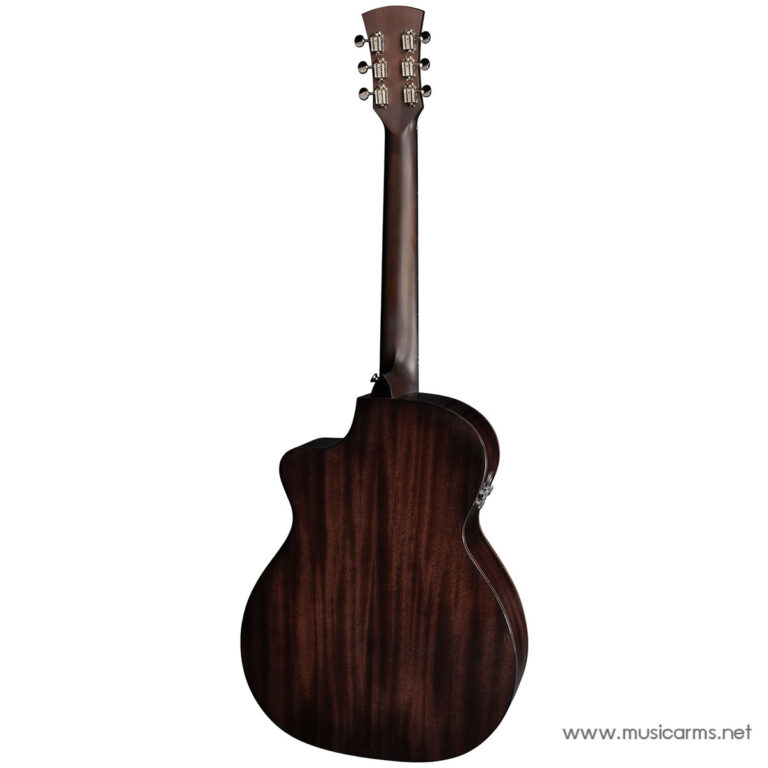 Back of a dark wooden acoustic guitar, neck upright, six tuning pegs visible, against a white background. ขายราคาพิเศษ