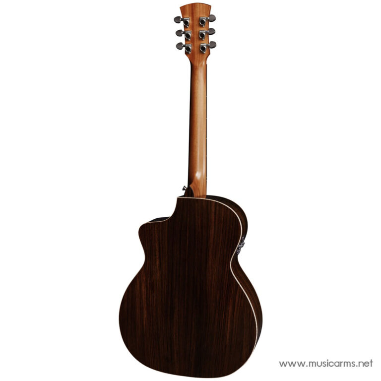 Back view of a dark wood acoustic guitar with a lighter neck and six tuning pegs on the headstock, showing the curved body profile. ขายราคาพิเศษ