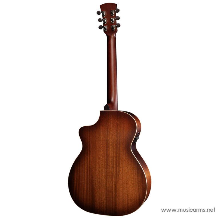 Back view of a brown acoustic guitar with a sunburst finish and white binding, showing the body, neck, and headstock. ขายราคาพิเศษ