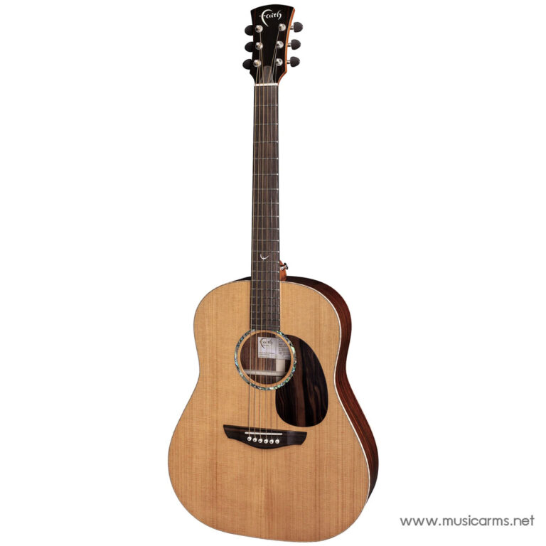 Acoustic steel-string guitar with natural wood finish and a cutaway body, Faith logo on headstock, shown upright against white background. ขายราคาพิเศษ