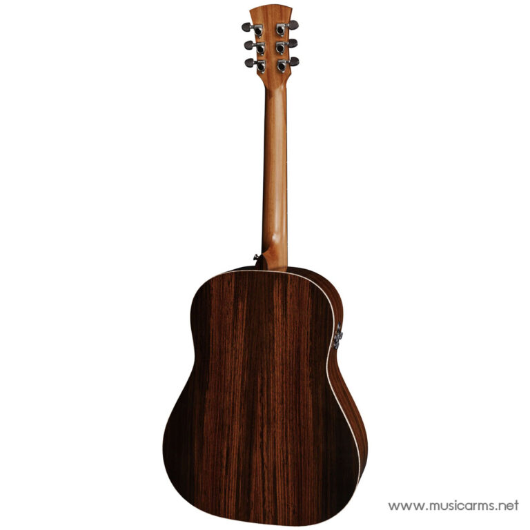 Back of a brown wooden acoustic guitar showing the neck and headstock against a white background, with a dramatic wood grain pattern ขายราคาพิเศษ