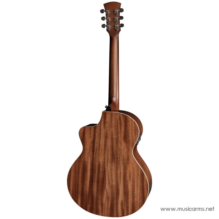 Back view of a brown wooden acoustic guitar with a rounded body and six tuners on the headstock. ขายราคาพิเศษ