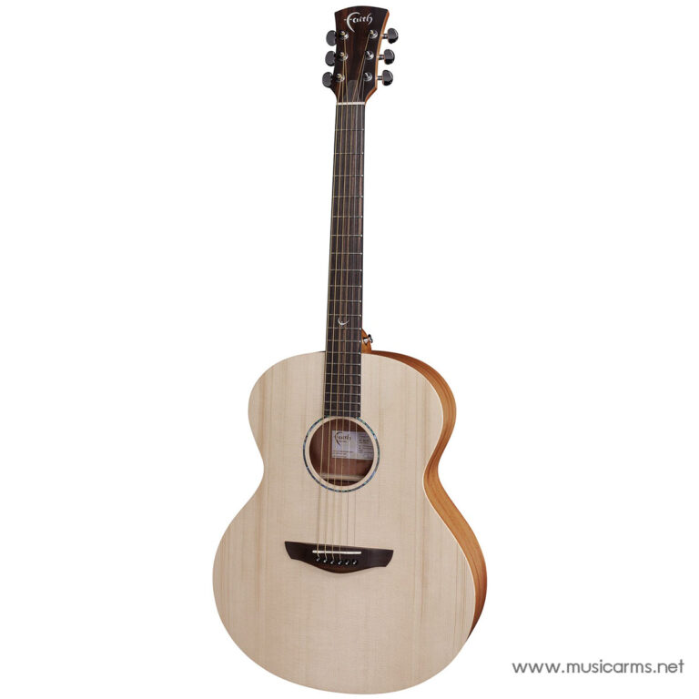Natural wood acoustic guitar with a subtle cutaway, six strings and a Faith logo on the headstock against a white background ขายราคาพิเศษ