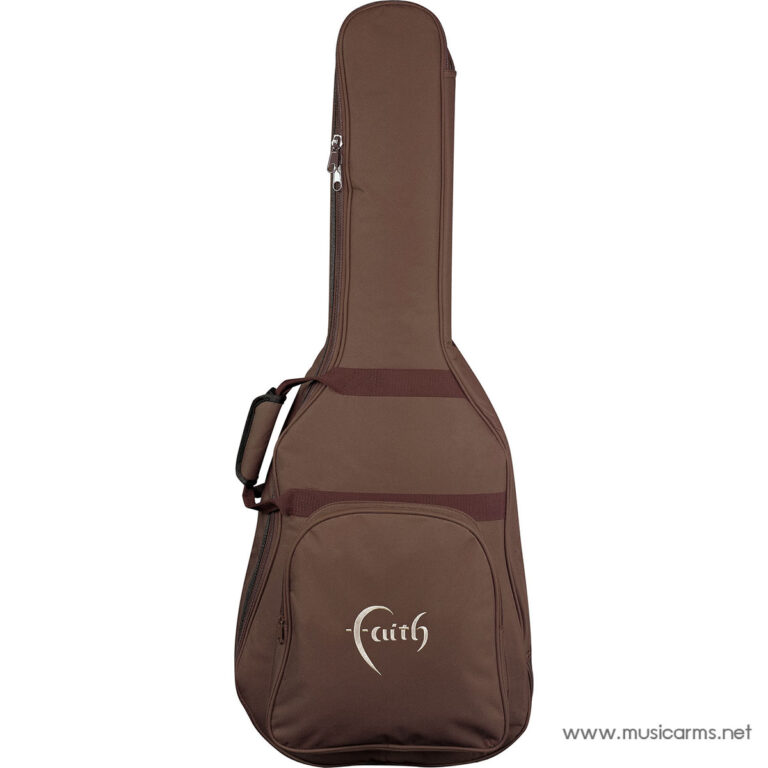 Brown fabric guitar case with a vertical neck compartment, a front pocket, and a carrying handle; features 'Faith' logo on the lower pocket. ขายราคาพิเศษ