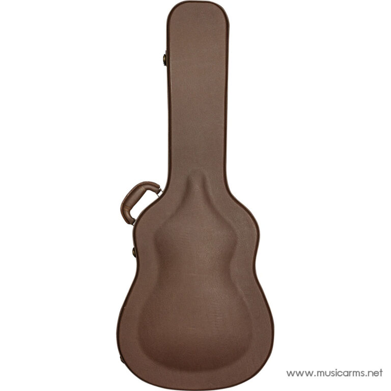 Brown leather guitar case standing upright with a side carrying handle. ขายราคาพิเศษ