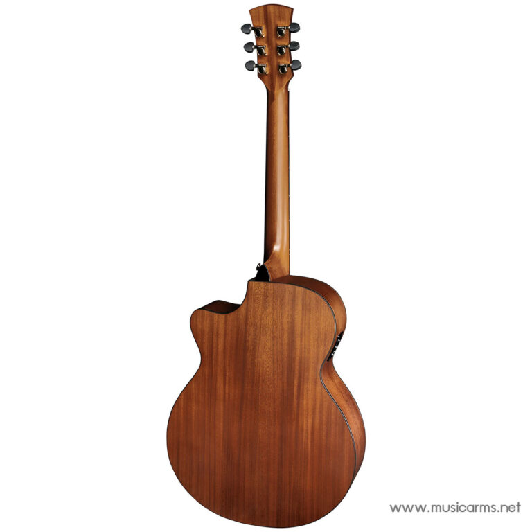 Back view of a brown acoustic guitar, showing the neck, headstock with six tuning pegs, and the wood grain on the body surface. ขายราคาพิเศษ
