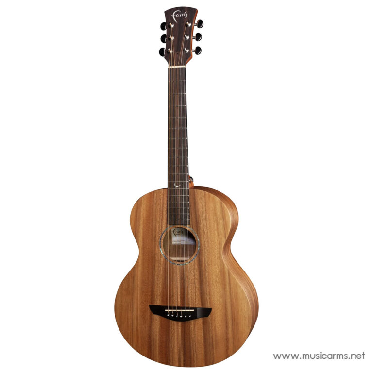 Six-string natural wood acoustic guitar standing upright with a round soundhole and six strings ขายราคาพิเศษ