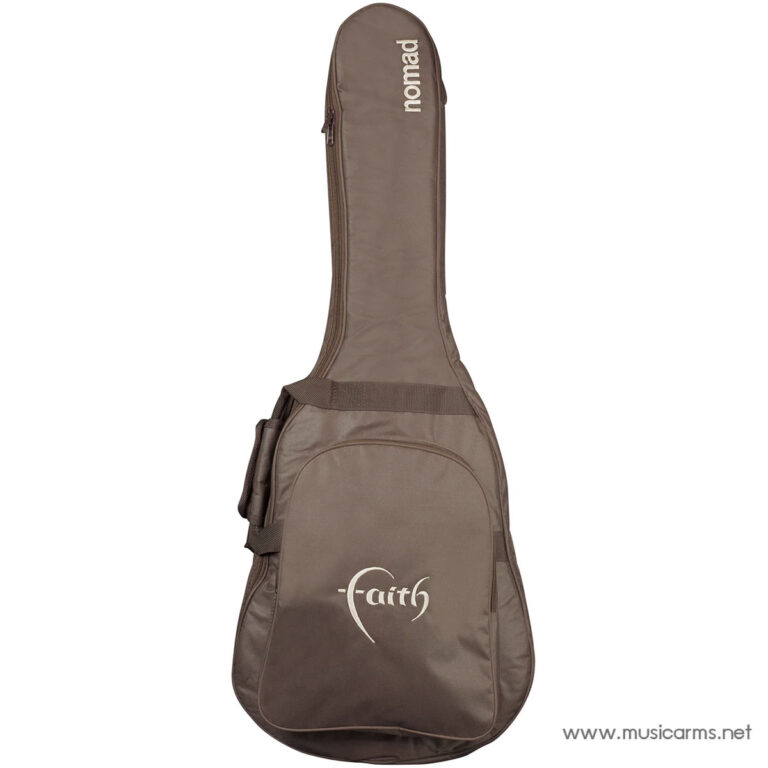 Brown soft guitar case with a long neck cover and front pocket, featuring a Faith logo at the bottom and carrying straps. ขายราคาพิเศษ