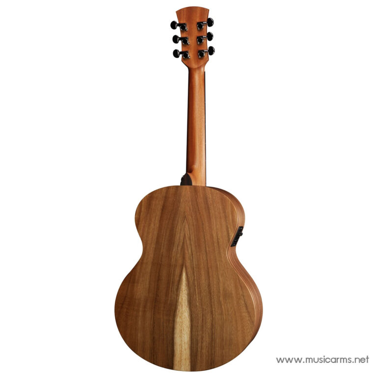 Back view of a wooden acoustic guitar showing its grainy back and neck with six tuning pegs visible at the headstock, on a white background. ขายราคาพิเศษ