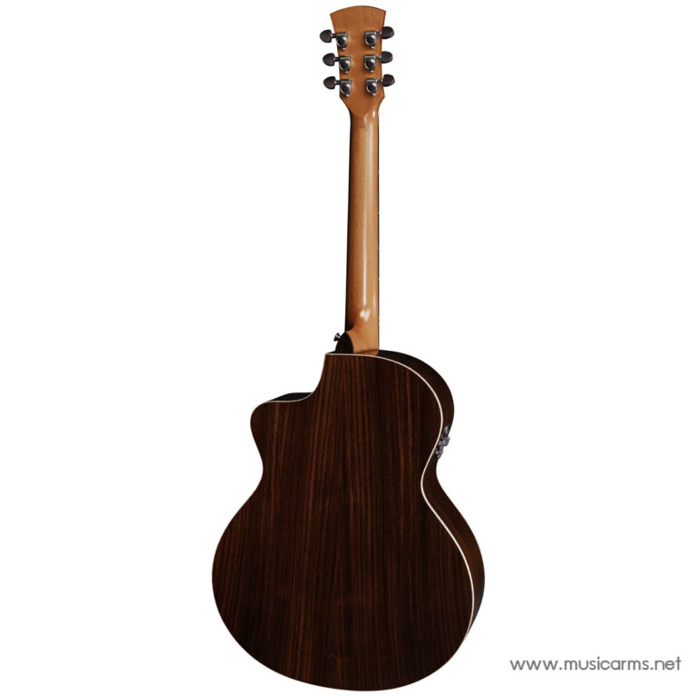 Back view of a dark brown acoustic guitar with a natural wood neck and six tuning pegs on the headstock, shown against a white background ขายราคาพิเศษ