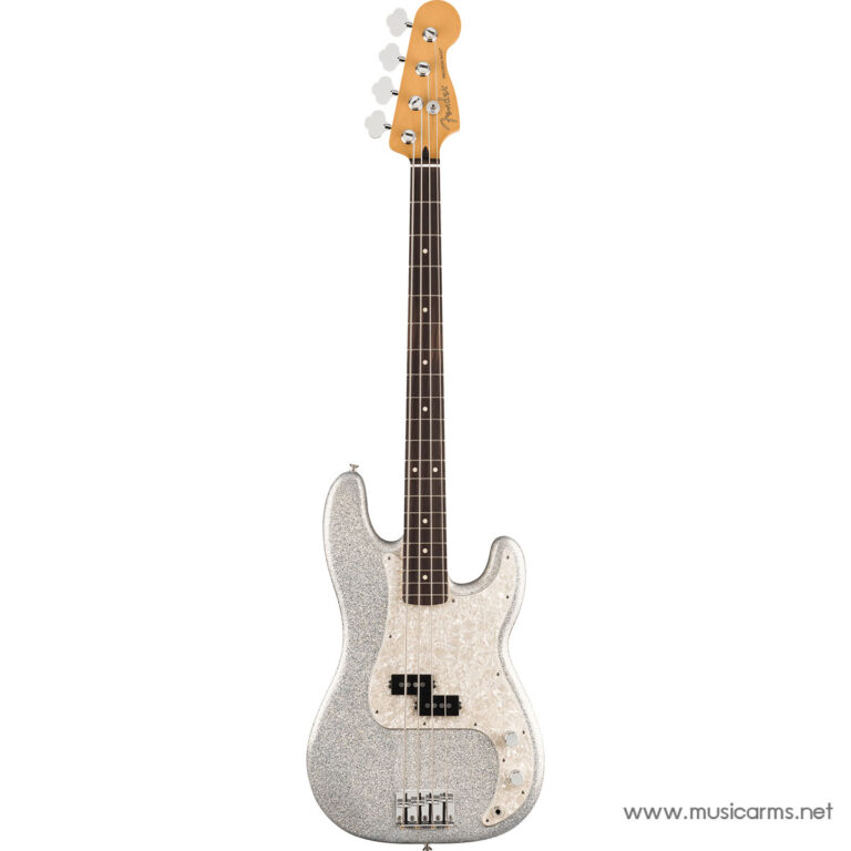 Silver glitter bass guitar with pearl pickguard and two pickups, standing upright, chrome hardware and maple neck (brand watermark www.musicarms.net) ขายราคาพิเศษ