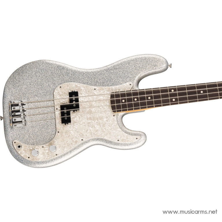 Silver glitter bass guitar with a pearl pickguard and two pickups on a white background, showing the lower body and neck. ขายราคาพิเศษ