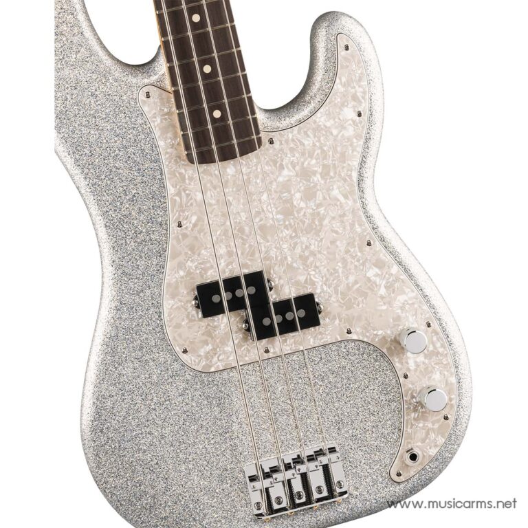 Glittery silver bass guitar with a pearloid pickguard and four strings, close-up view showing pickups and bridge pieces ขายราคาพิเศษ