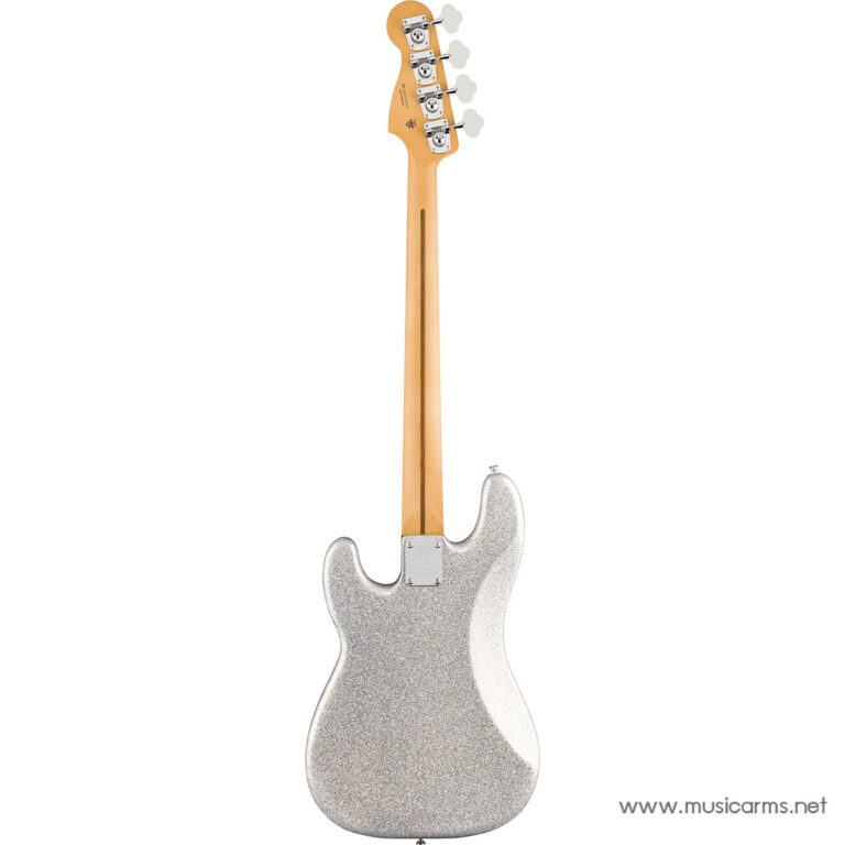 Back view of a glittery silver electric guitar with a natural wooden neck against a white background. ขายราคาพิเศษ