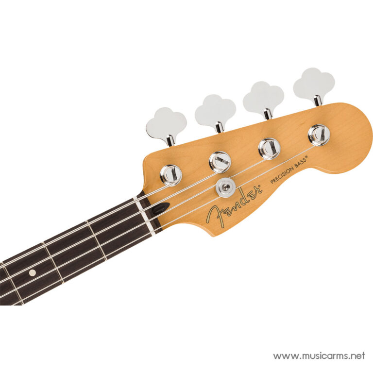 Close-up of a Fender Precision Bass headstock with four chrome tuning pegs and visible logo on a natural wood finish ขายราคาพิเศษ