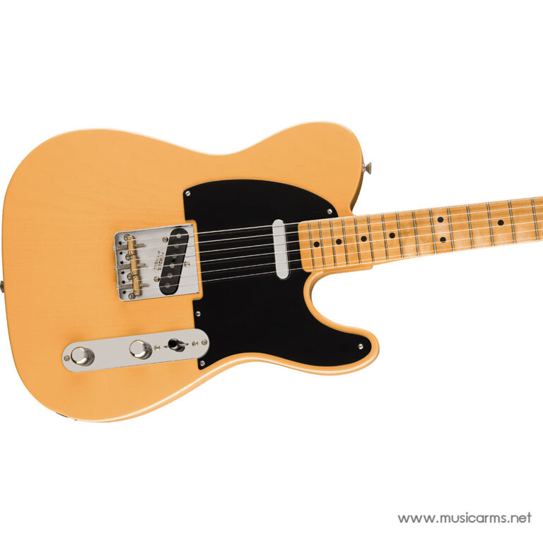 Orange Tele-style electric guitar with black pickguard and maple neck, shown from the body side. Diagnostic hardware visible: bridge and controls nearby. ขายราคาพิเศษ