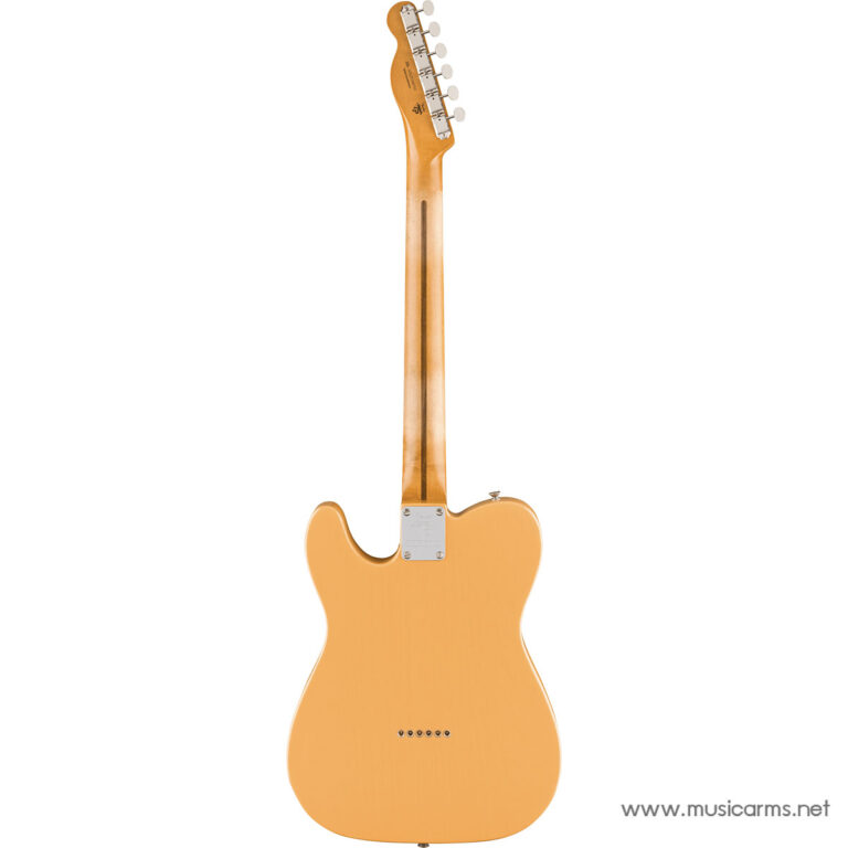 Back view of an orange solid-body electric guitar with a maple neck and headstock, showing the neck plate and string ferrules on a white background. ขายราคาพิเศษ