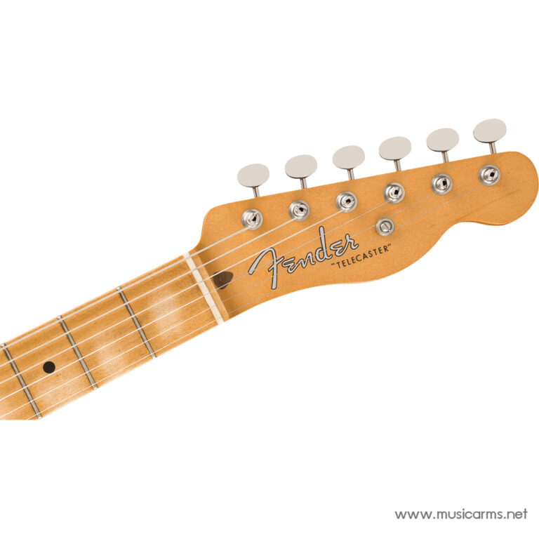 Close-up of a Fender Telecaster guitar headstock with six tuning pegs and strings ขายราคาพิเศษ