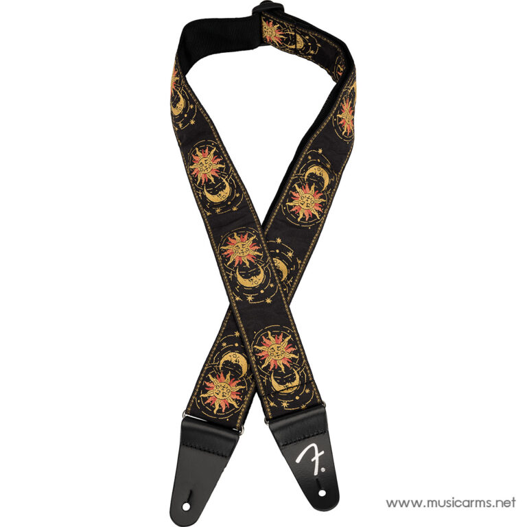 Black guitar strap featuring a gold sun and moon motif on a black background with leather ends. ขายราคาพิเศษ