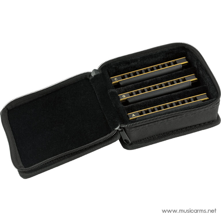 Open black zip case containing four small harmonicas in foam slots, labeled C, G, A, with gold ends ขายราคาพิเศษ