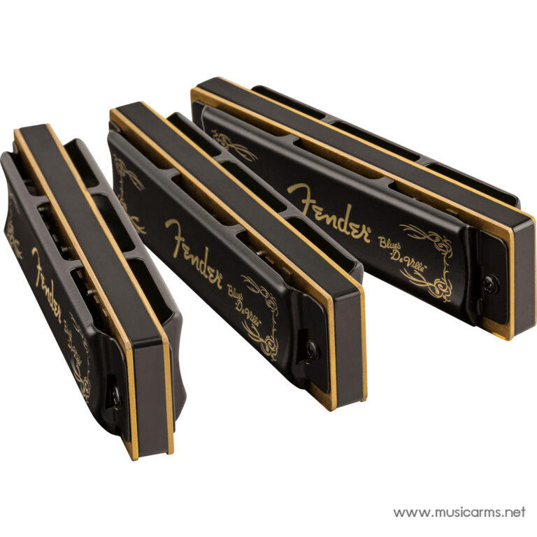 Set of three black Fender guitar pickups with gold edges, labeled Blues DeVille, arranged in a row for electric guitar use ขายราคาพิเศษ