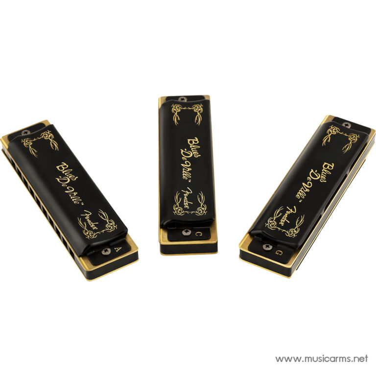 Three black and gold harmonicas displayed at angles in a row, with ornate gold detailing on each reed cover plate (product photo). ขายราคาพิเศษ
