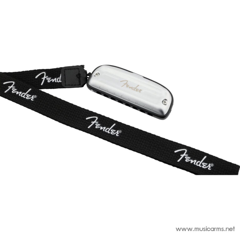 Silver Fender harmonica attached to a black woven strap with white Fender logos, shown against a white background. ขายราคาพิเศษ