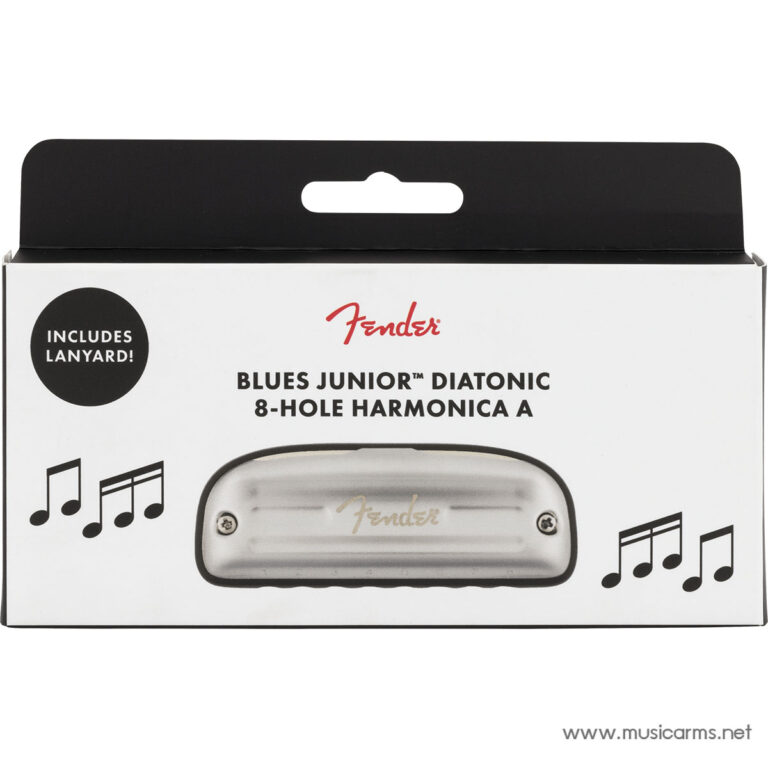 Fender Blues Junior 8-hole diatonic harmonica in key A shown on white box packaging with a circular 'Includes Lanyard' badge and musical note graphics. ขายราคาพิเศษ