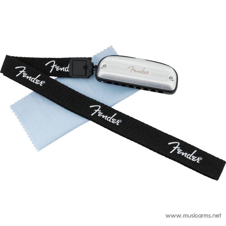 Fender harmonica with a black woven strap and light blue cleaning cloth laid underneath (product shot). ขายราคาพิเศษ
