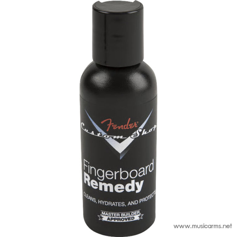 Black bottle labeled Fender Custom Shop Fingerboard Remedy for cleaning, hydrating, and protecting guitar fingerboards ขายราคาพิเศษ