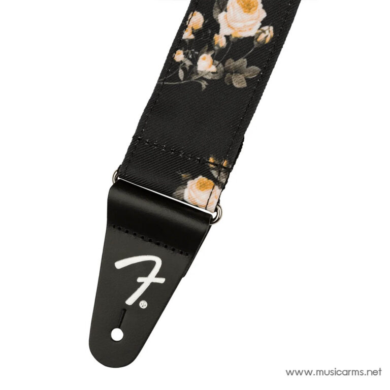 Black guitar strap with a floral pattern (orange and white flowers) and a black leather endpiece. ขายราคาพิเศษ