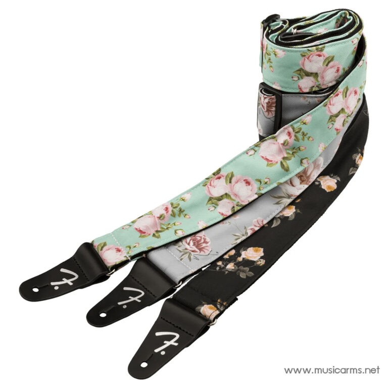 Floral mint-green guitar strap with pink roses, leather ends, and metal connectors; brand logo visible. ขายราคาพิเศษ