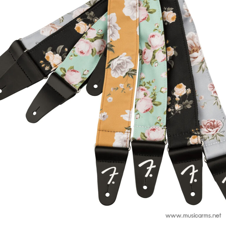 Floral-pattern guitar straps with pastel green, orange, and black straps and black leather end pieces. ขายราคาพิเศษ