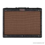 Black textured Fender guitar amplifier cabinet with an orange striped grill cloth and Fender logo on top edge. ลดราคาพิเศษ