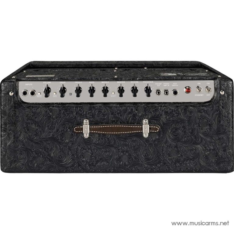 Decorative black guitar amplifier head with a patterned exterior and a silver control panel featuring inputs, knobs for volume, drive, treble, bass, mid, master, reverb and presence, and a brown leather handle on the front. ขายราคาพิเศษ