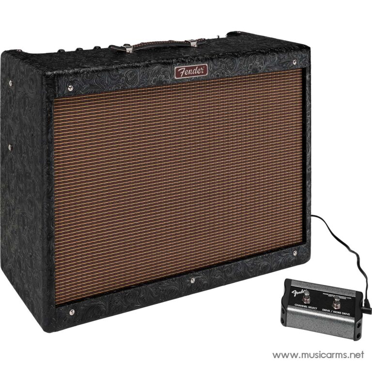 Fender guitar amplifier with a black patterned tolex and orange striped grille, connected to a footswitch on the right. ขายราคาพิเศษ