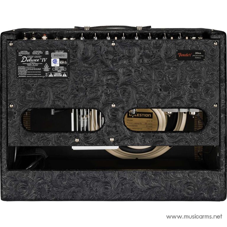 Rear view of a Fender guitar amplifier with a black paisley-patterned exterior, showing the back panel, vents, and visible speaker inside. ขายราคาพิเศษ
