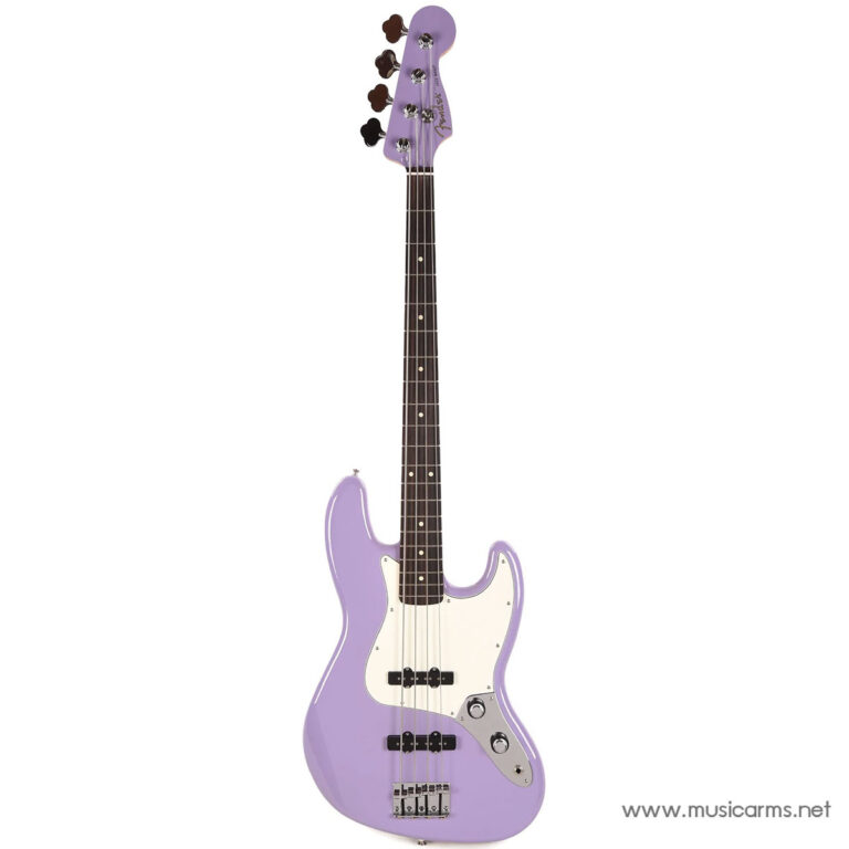 Purple four-string electric bass guitar with a white pickguard on a white background. ขายราคาพิเศษ